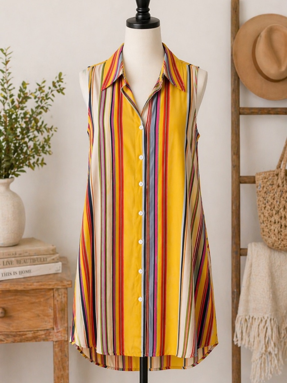 Sleeveless Yellow Multicolor Striped Button-Front Tunic Dress